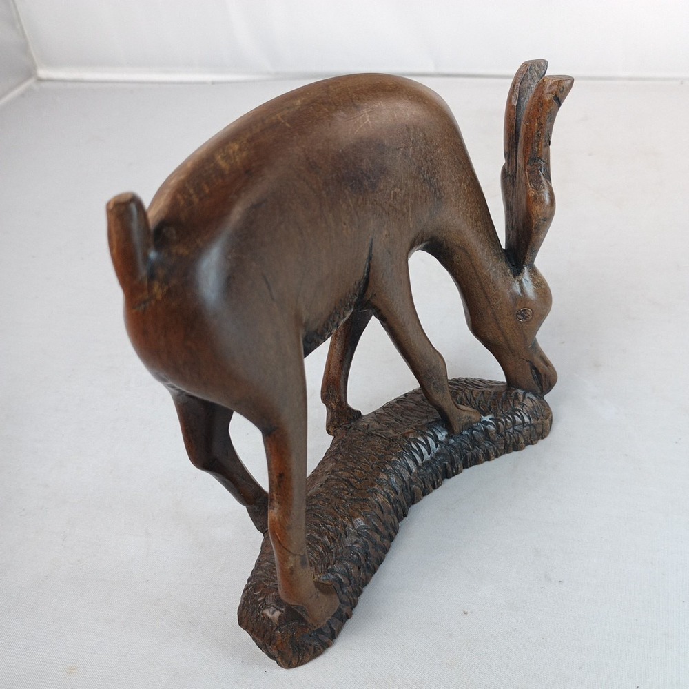 Hand Carved Grazing Antelope Oryx Gazelle Brown Sculpture Statue Hard Wood 5" - Picture 9 of 12